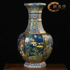景德鎮花瓶陶瓷器仿古本金藍底琺瑯花鳥六方瓶