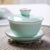 青瓷三才蓋碗茶杯單個青花瓷陶瓷大號功夫茶具