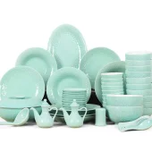青瓷餐具套裝淺綠釉花開富貴陶瓷碗盤餐具禮盒