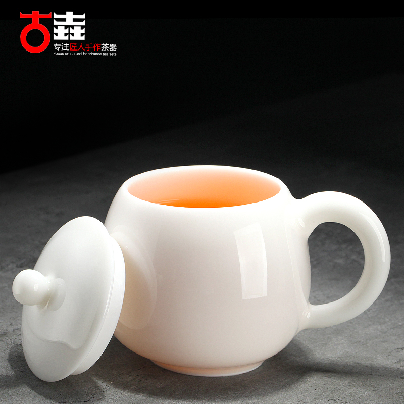 古垚/陈清宜德化白瓷茶杯办公室水杯手工会议杯瓷带盖个人马克杯