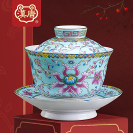 汉唐八宝茶杯子三才碗盖碗珐琅彩茶具白瓷单个大号古代茶杯功夫陶