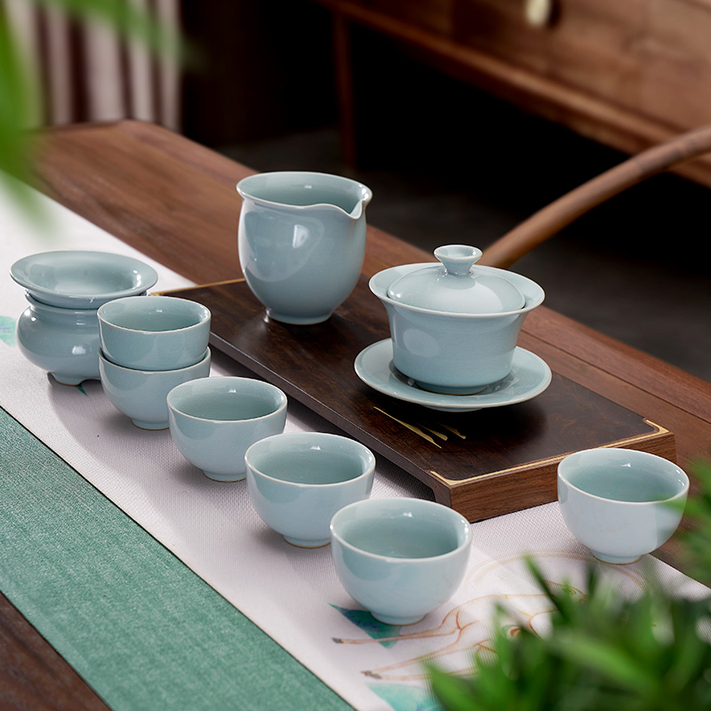 汉唐手工汝窑茶具套装 可养开片家用功夫茶具陶瓷整套盖碗10件套