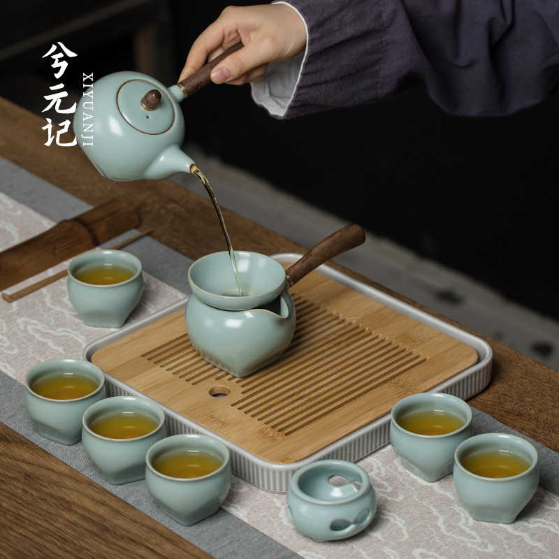 汝窯側把茶壺茶具套裝家用功夫茶杯客廳高端陶瓷辦公室會客泡茶