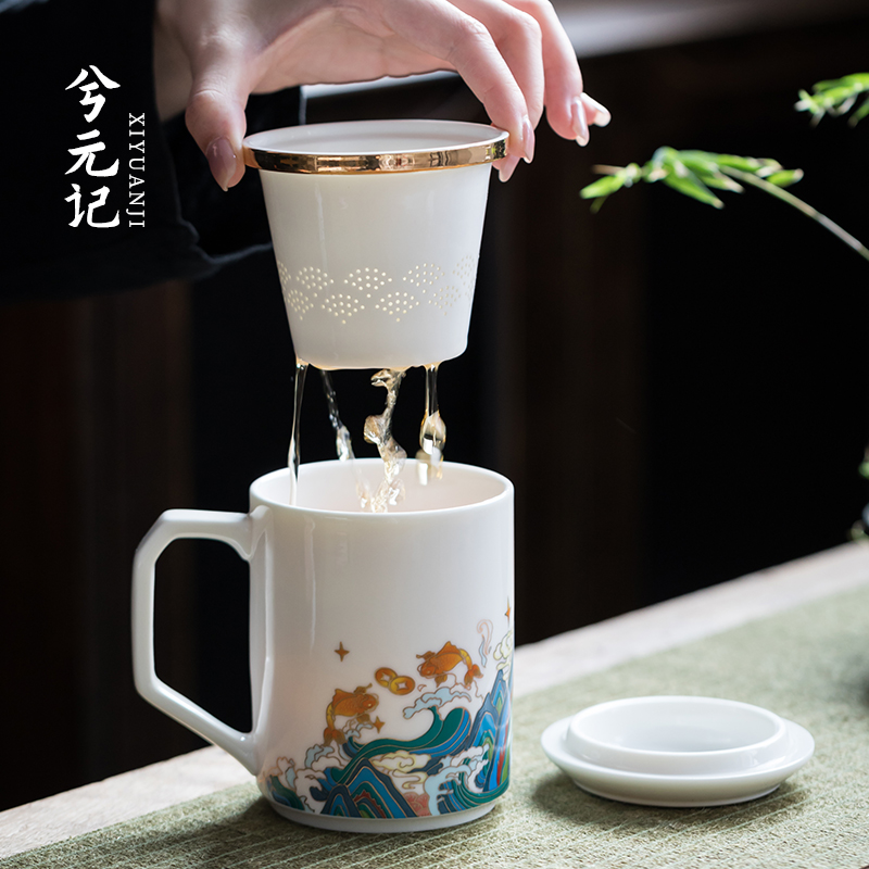 白瓷茶杯个人专用茶水分离办公杯羊脂玉陶瓷带盖内胆过滤泡茶茶具