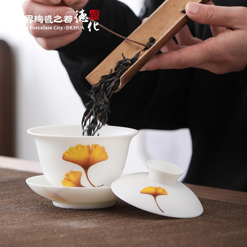 德化陶瓷羊脂玉白瓷盖碗茶杯单个三才泡茶碗带盖家用大号中式复古