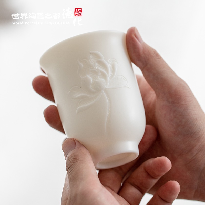 德化陶瓷羊脂玉白瓷茶杯品茗主人杯單個單杯男生女士浮雕個人專用