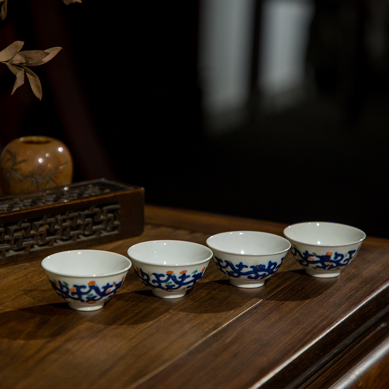 清代青花粉彩杯（一套四只）老物件文玩古董瓷器收藏中式茶杯擺件