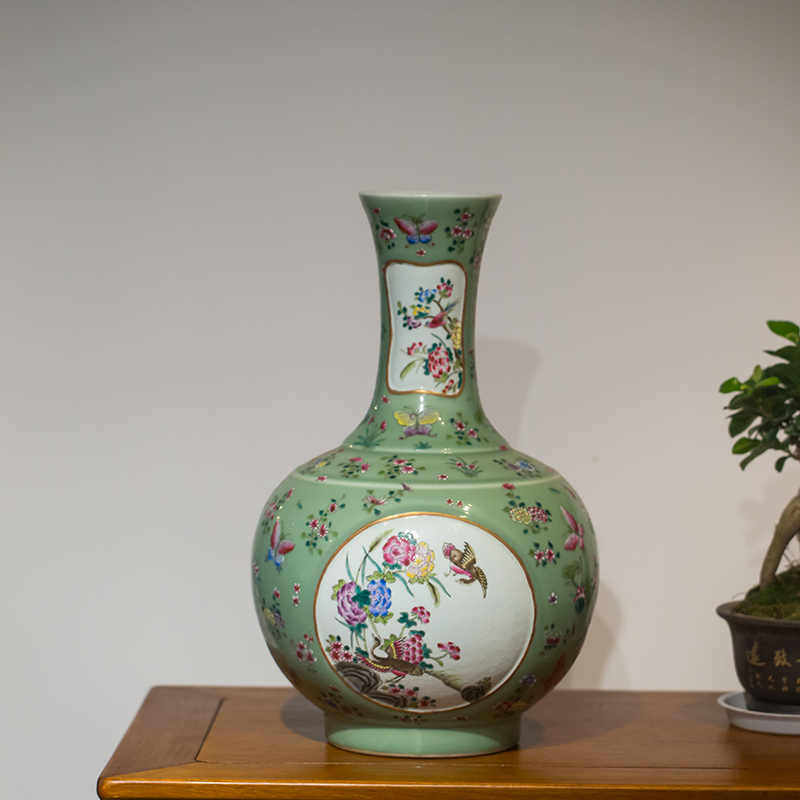 清乾隆 粉彩綠地花鳥紋天球瓶文玩古董瓷器收藏花瓶擺件