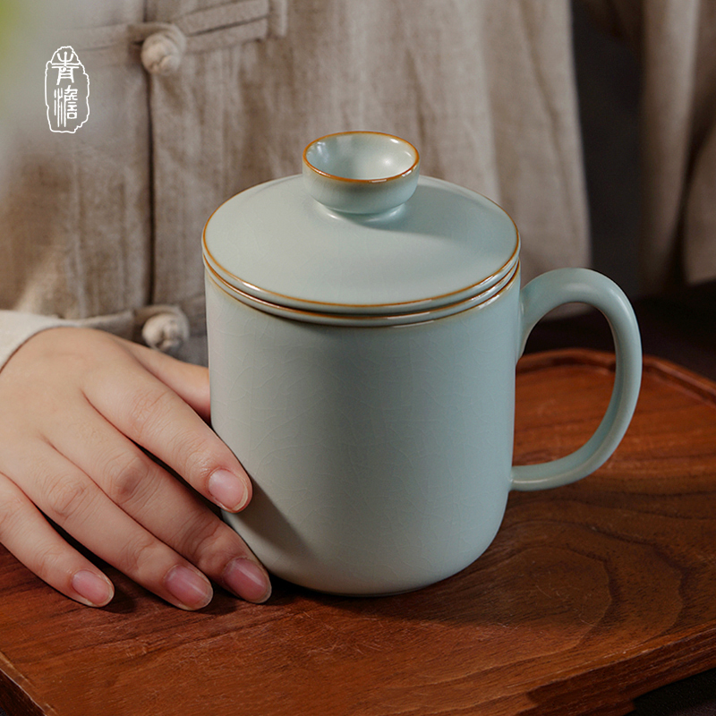 汝窯辦公杯陶瓷茶杯帶蓋過濾功夫茶泡茶水杯大容量景德鎮青瓷禮品
