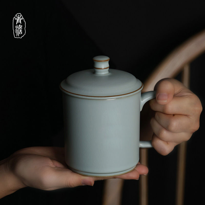 汝窯辦公杯景德鎮陶瓷杯帶蓋手工青瓷茶杯開片可養禮盒裝家用水杯