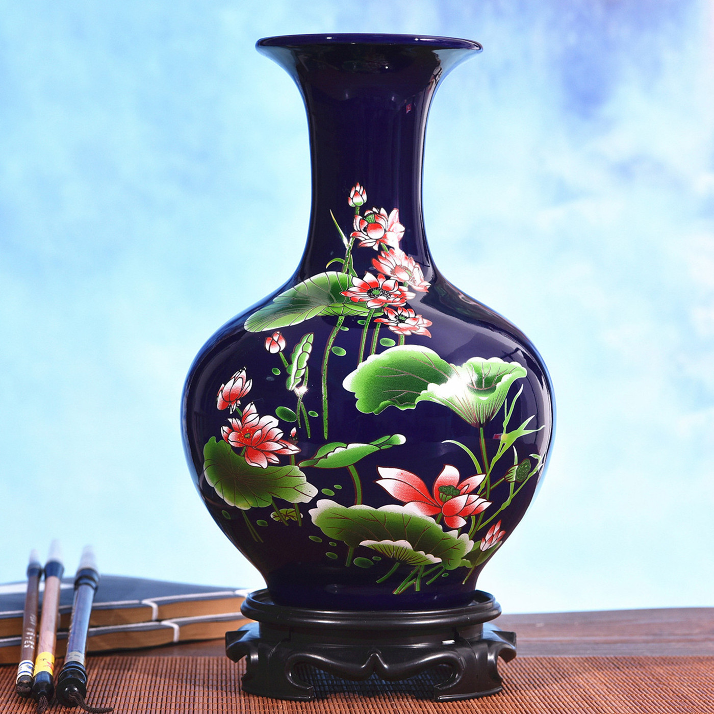 景德鎮陶瓷器 景泰藍顏色釉粉彩荷花花瓶 家居裝飾工藝品擺件禮品